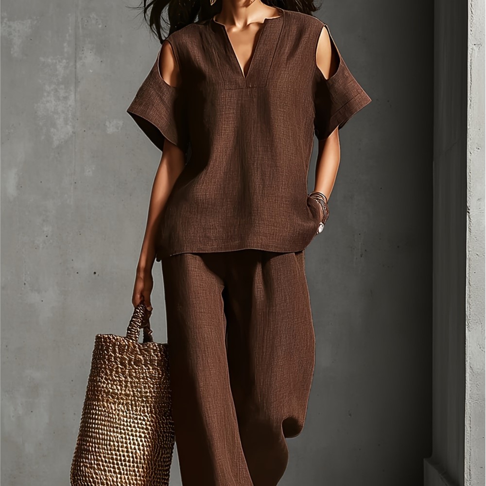 Linen Pant Wide - 女性用 ソリッドカラー シンプル リネン ツーピース コールドショルダー