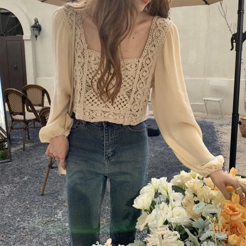 Crop Top Crochet - 573B 女性シフォンシアーパフ長袖シャツ秋ヴィンテージ Sqaure ネック薄手ブラウスかぎ針編みカバーアッププルオーバークロップトップ