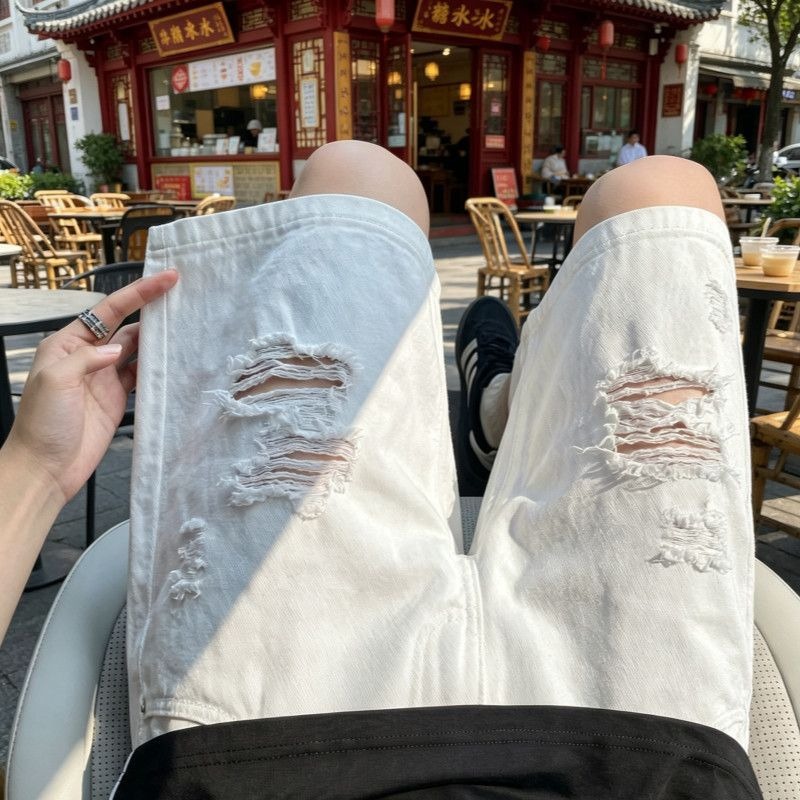 Shorts Denim Frayed - メンズ伸縮性ドローストリングウエストリップドフリンジルーズストレートデニムショーツ