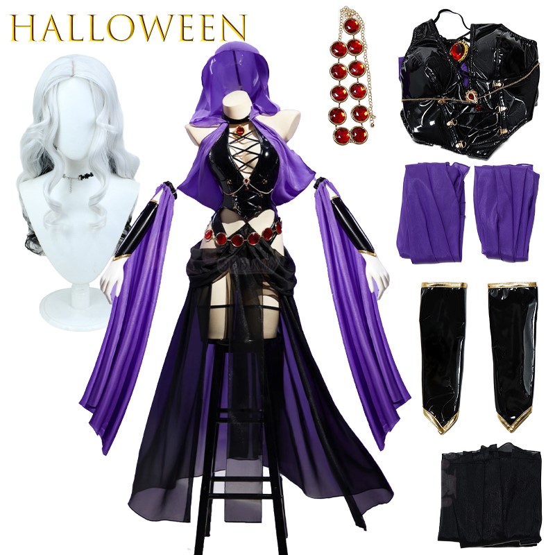 Maxi Dress Halter - 魔女宴会パープルダンサードレスPUレザーフード付き魔女コスプレ衣装女性衣装ゴシックセクシーな黒のホルターバックレススーツ