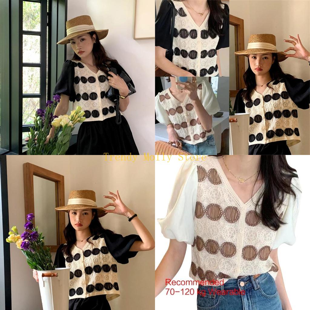 Crop Top Crochet - N5KB女性ヴィンテージかぎ針編みカーディガンシフォンパフ半袖Vネックボタンブラウス