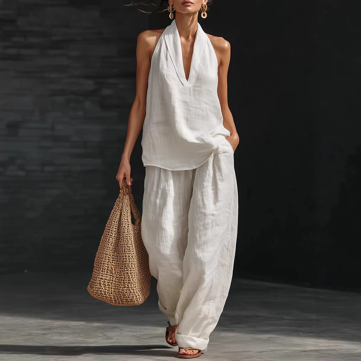 Linen Pant Wide - 夏のレトロな綿麻セットアップ レディース エレガントなVネックノースリーブトップスとワイドレッグパンツスーツ ノースリーブサマーアウトフィット