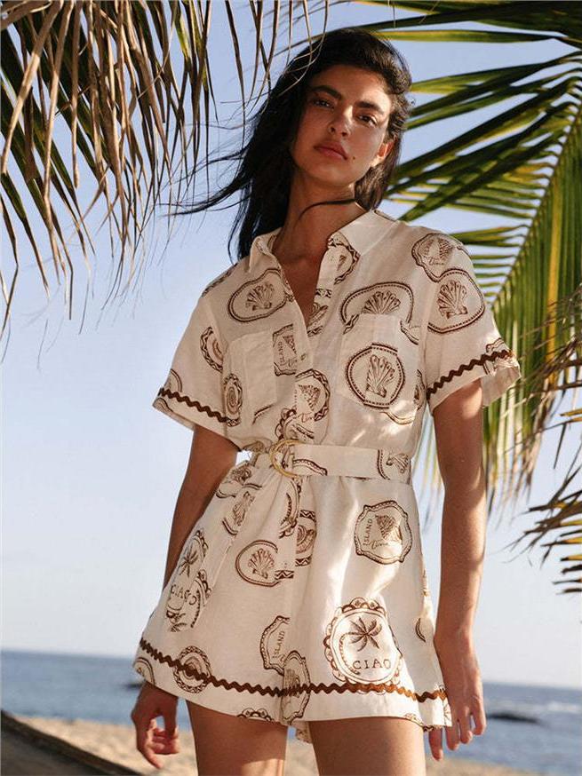 Linen Dress Wrap - エレガントな花柄プリントリネンラップシャツワンピース レディース Hラインミディ丈ワンピース ベルト付き 夏通勤スタイル 七分袖
