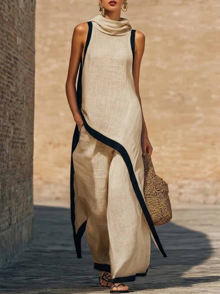 Linen Pant Wide - 女性のリネンコントラストカラーノースリーブ非対称トップ＆ルーズワイドレッグパンツセット Vestidos カジュアルファッションツーピース衣装