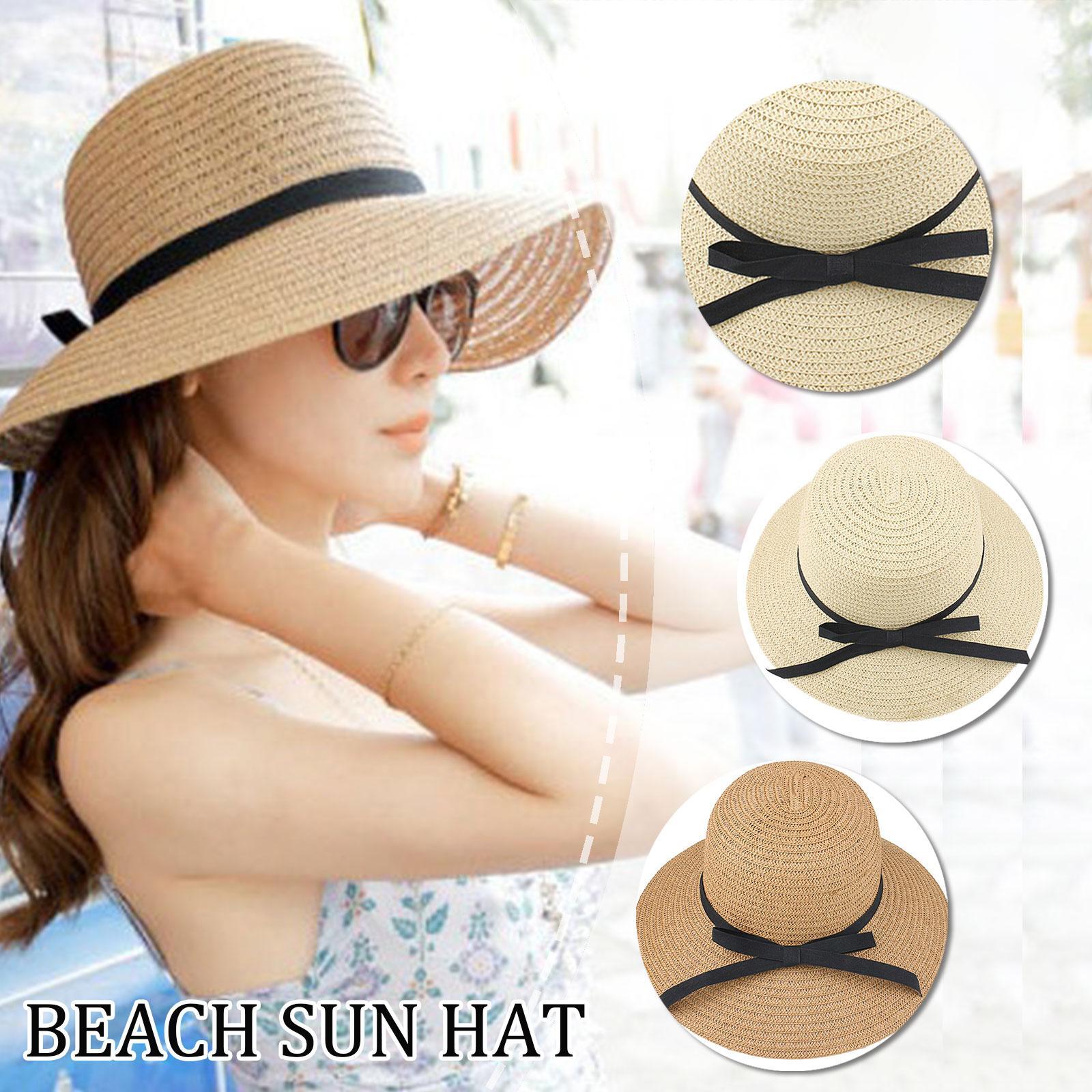 Hat Floppy Wide - 広いつばのある夏の麦わら帽子,折りたたみ式ビーチハット,麦わら帽子,柔軟性,日焼け止め,女性のための屋外旅行麦わら帽子