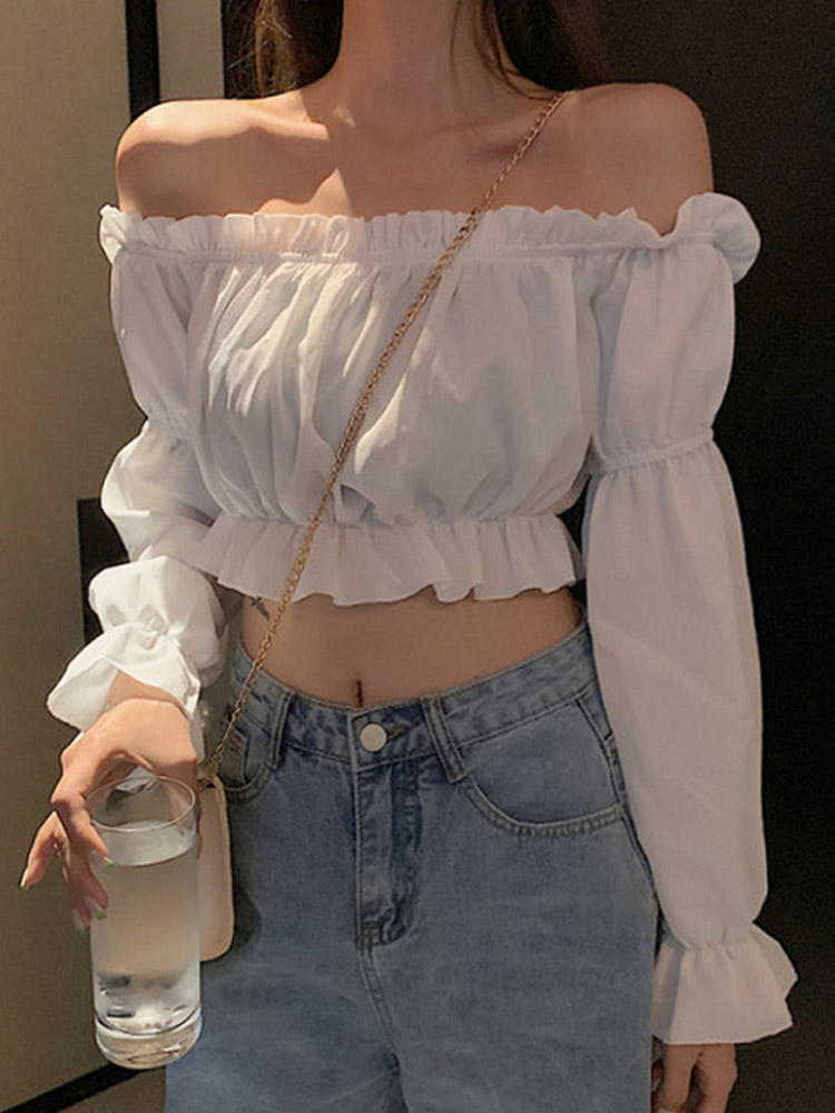 Crop Top Crochet - 女性トップセクシーなブラウスオフショルダートップ長袖無地白シャツパフスリーブフリルチュニッククロップトップ夏のチューブトップ