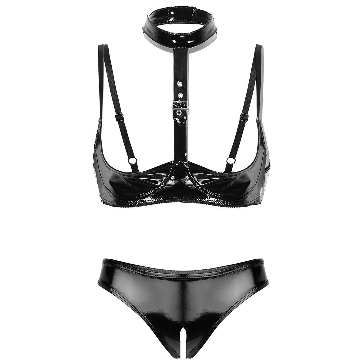 レディースパテントレザーランジェリーセットブラックバックルホ - Bralette Triangle Set のレビューと価格