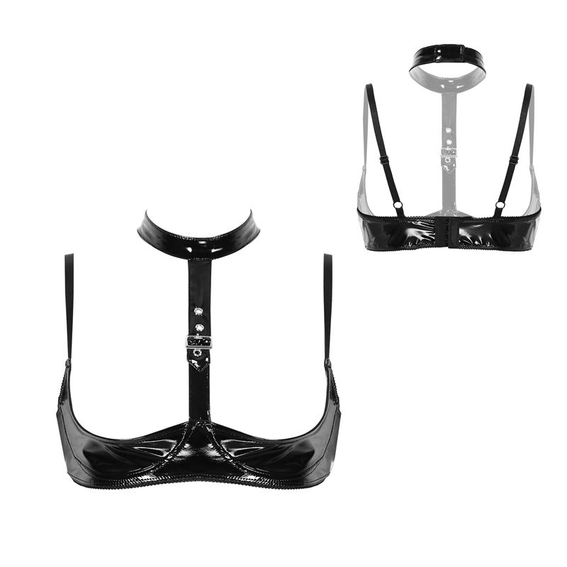 レディースパテントレザーランジェリーセットブラックバックルホ - Bralette Triangle Set のレビューと価格