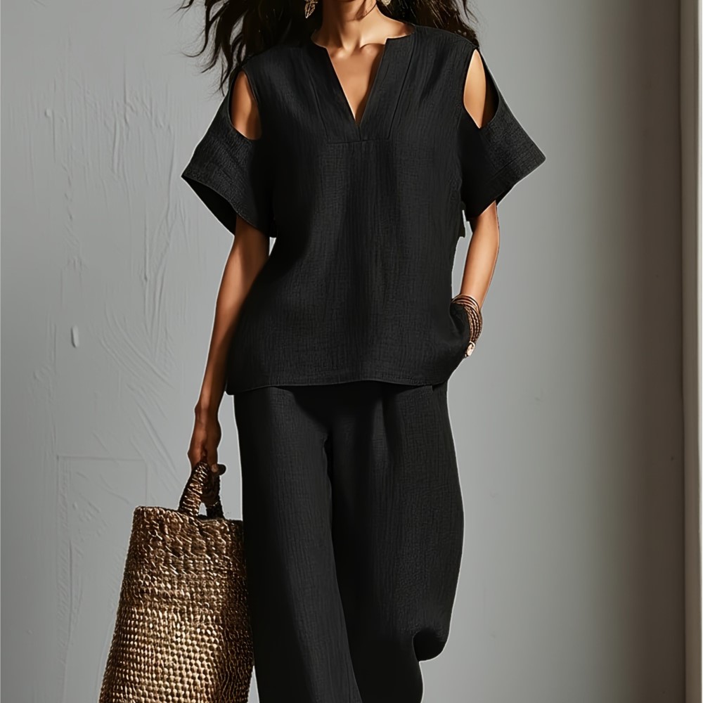 女性用 ソリッドカラー シンプル リネン ツーピース コール - Linen Pant Wide のレビューと価格
