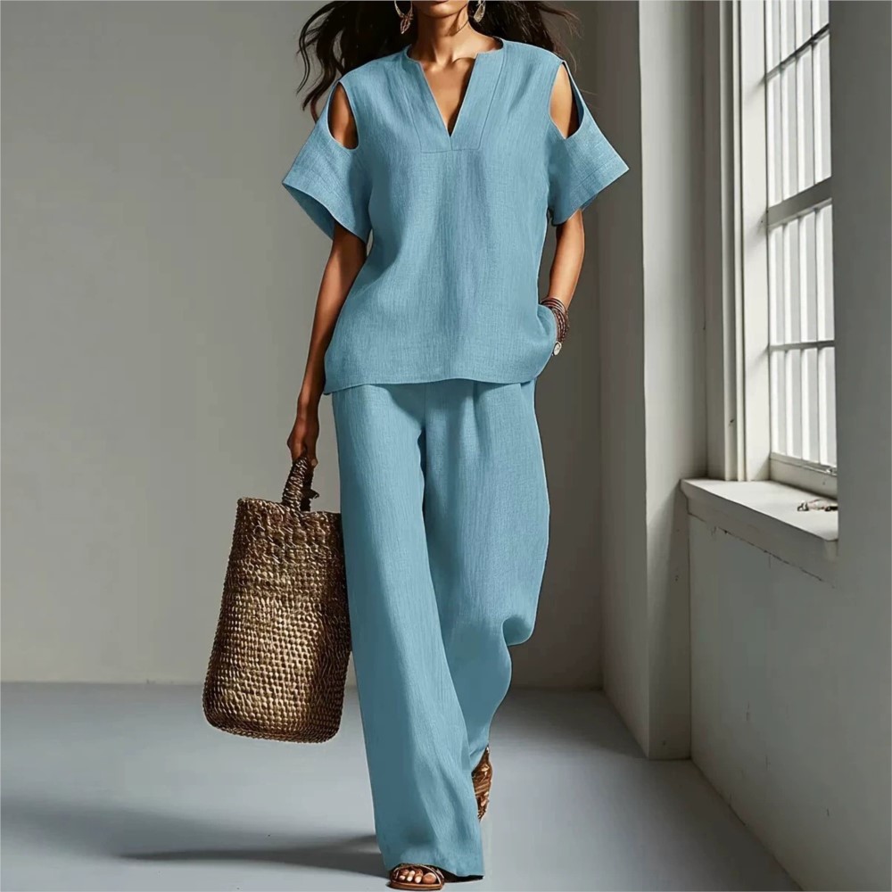 女性用 ソリッドカラー シンプル リネン ツーピース コール - Linen Pant Wide のレビューと価格