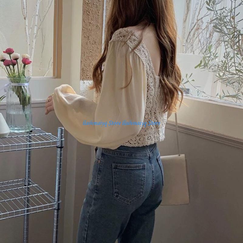 573B 女性シフォンシアーパフ長袖シャツ秋ヴィンテージ S - Crop Top Crochet のレビューと価格