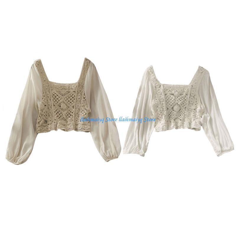 573B 女性シフォンシアーパフ長袖シャツ秋ヴィンテージ S - Crop Top Crochet のレビューと価格