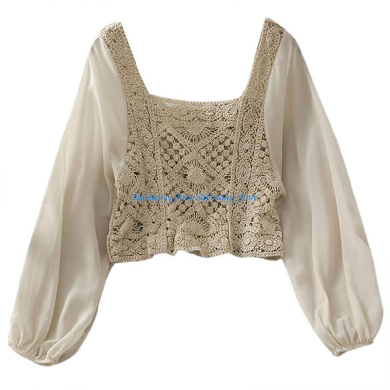 573B 女性シフォンシアーパフ長袖シャツ秋ヴィンテージ S - Crop Top Crochet のレビューと価格