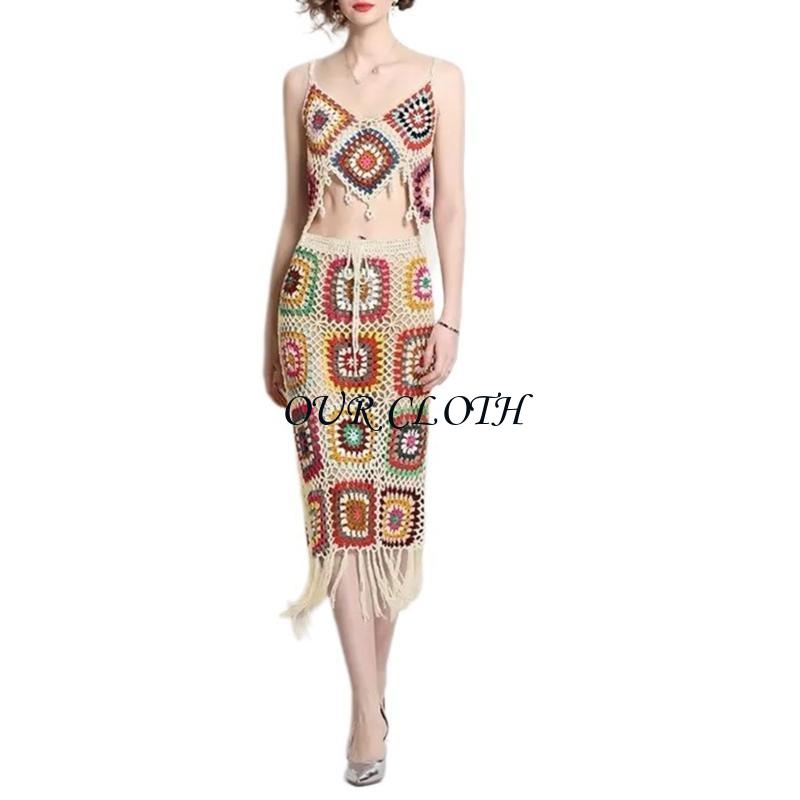 女性ビーチかぎ針編みニットキャミクロップトップと巾着ウエスト - Crop Top Crochet のレビューと価格