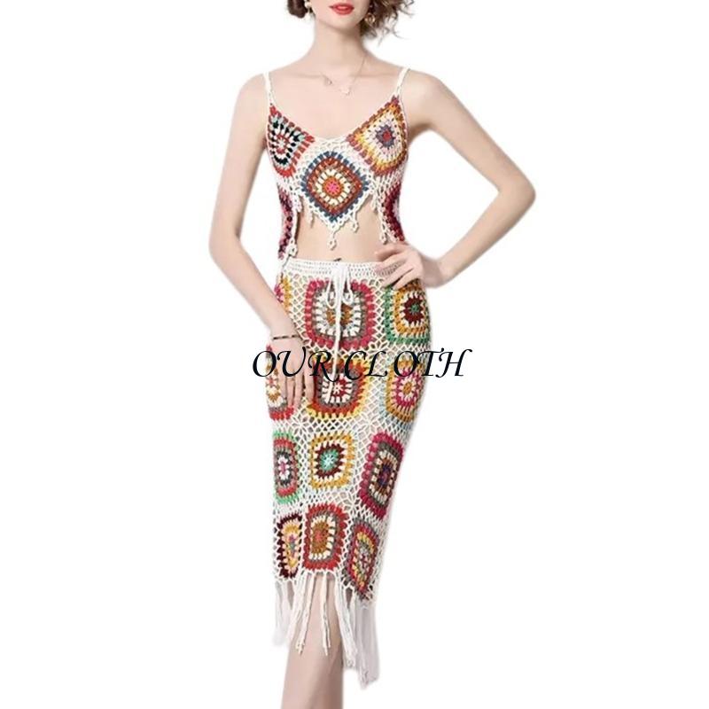 女性ビーチかぎ針編みニットキャミクロップトップと巾着ウエスト - Crop Top Crochet のレビューと価格