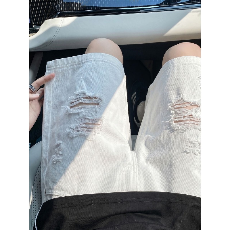 メンズ伸縮性ドローストリングウエストリップドフリンジルーズス - Shorts Denim Frayed のレビューと価格