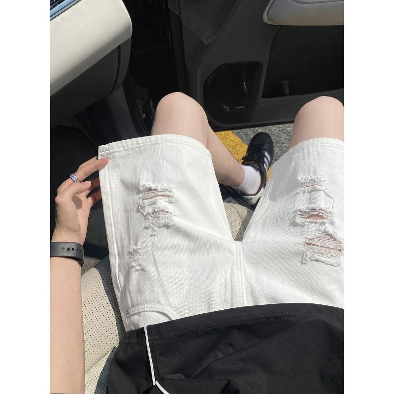 メンズ伸縮性ドローストリングウエストリップドフリンジルーズス - Shorts Denim Frayed のレビューと価格