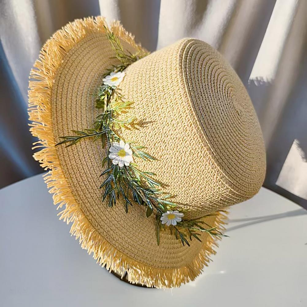サンハット 広いつばの柔らかい麦わら帽子 菊の花輪付き -  - Hat Floppy Wide のレビューと価格