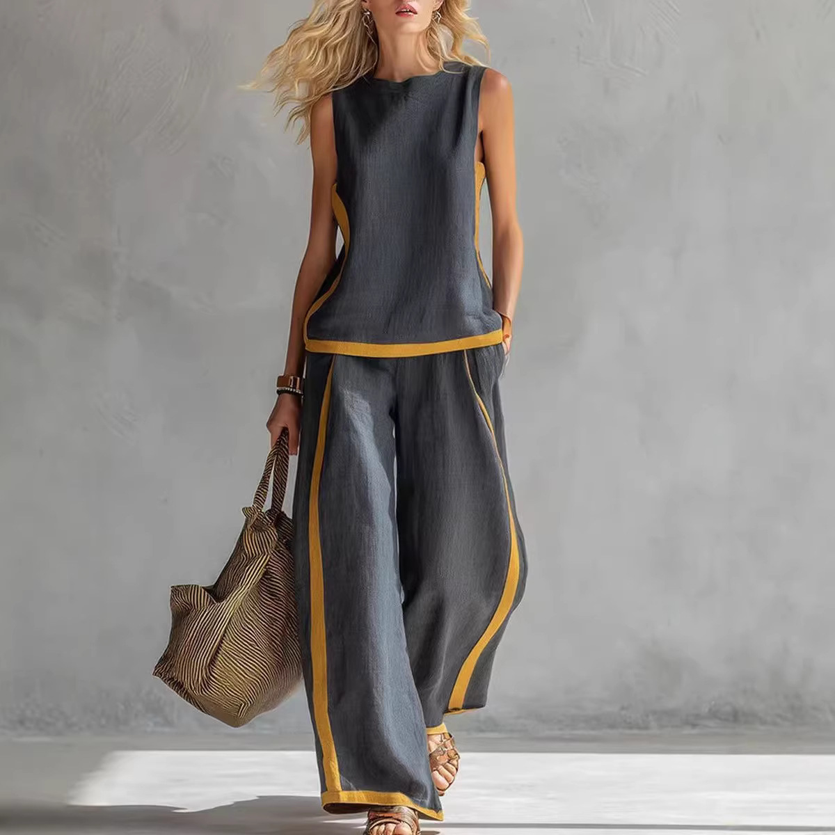 レディースリネン2ピースセット カラーブロック ノースリーブ - Linen Pant Wide のレビューと価格