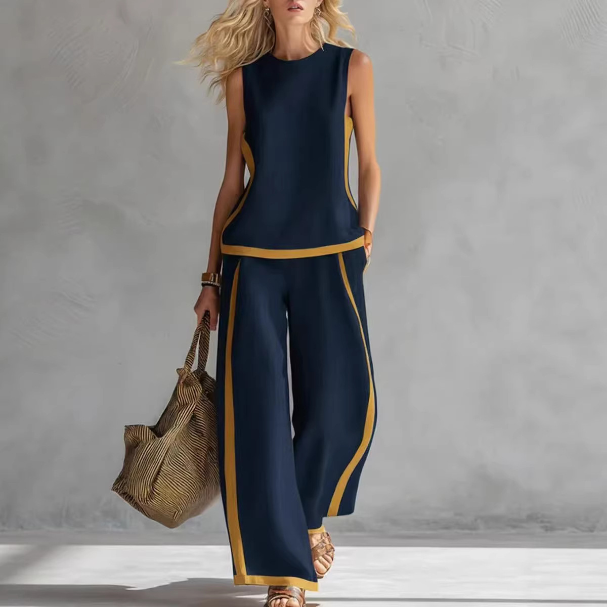 レディースリネン2ピースセット カラーブロック ノースリーブ - Linen Pant Wide のレビューと価格