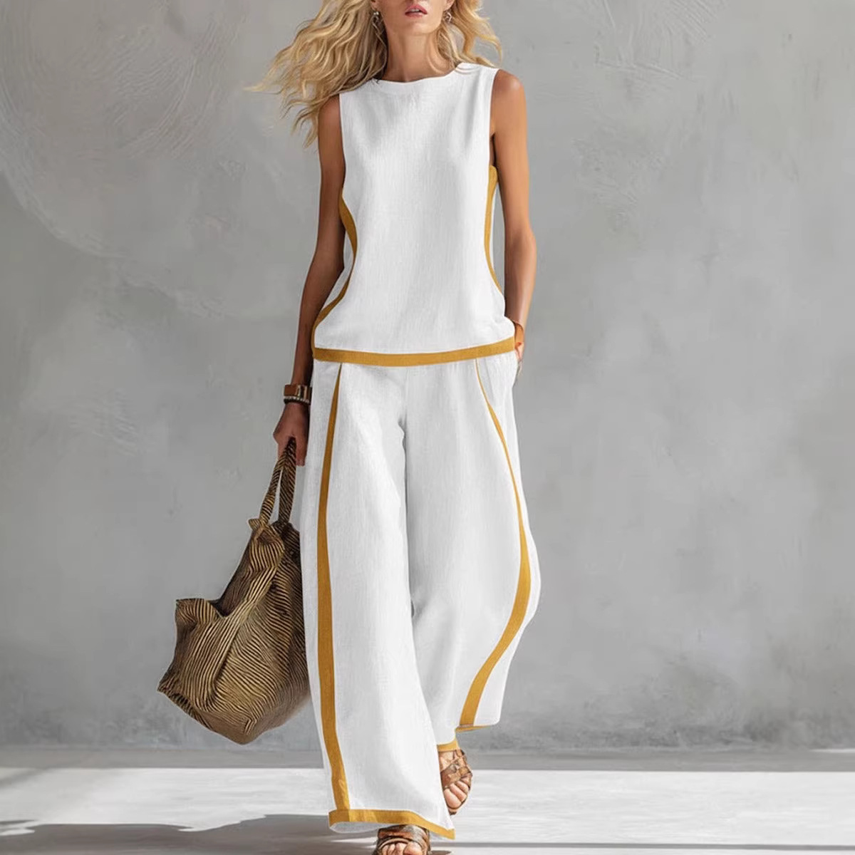 レディースリネン2ピースセット カラーブロック ノースリーブ - Linen Pant Wide のレビューと価格