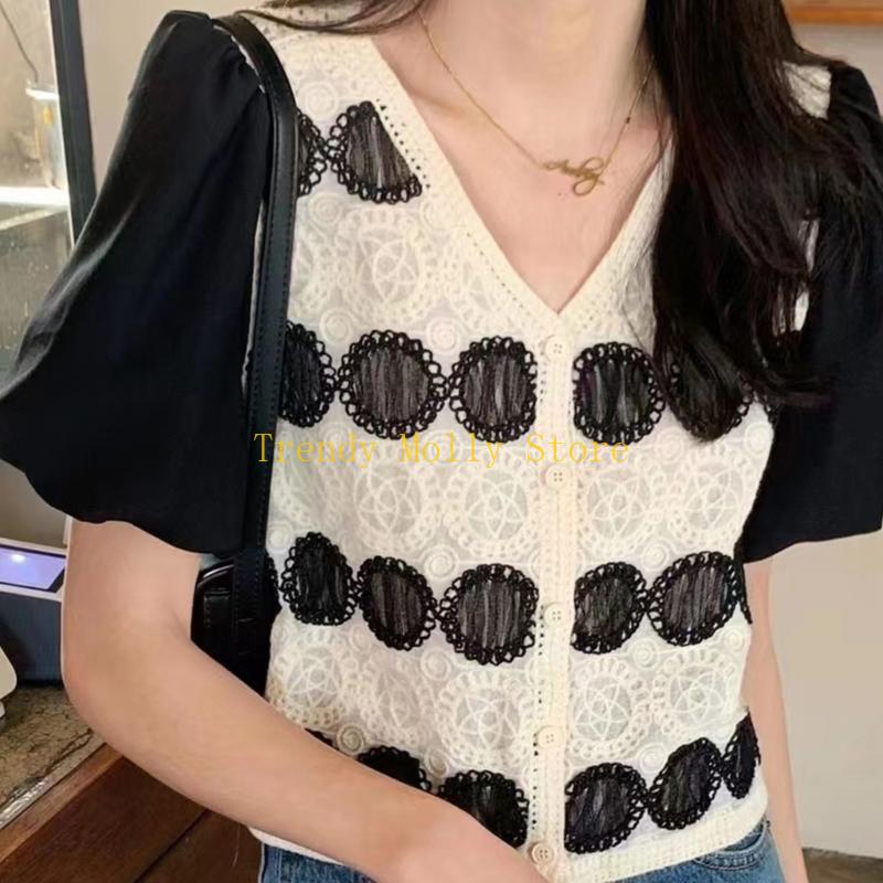 N5KB女性ヴィンテージかぎ針編みカーディガンシフォンパフ半 - Crop Top Crochet のレビューと価格