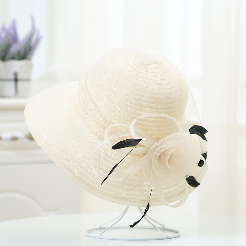 女性のための広い絹のような夏の帽子,大きなサテンの花,羽のあ - Hat Floppy Wide のレビューと価格