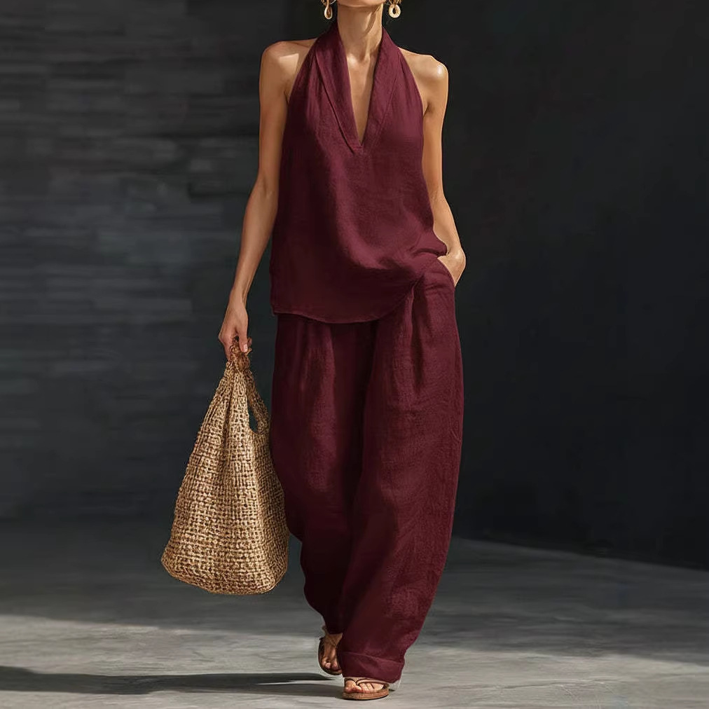 夏のレトロな綿麻セットアップ レディース エレガントなVネッ - Linen Pant Wide のレビューと価格