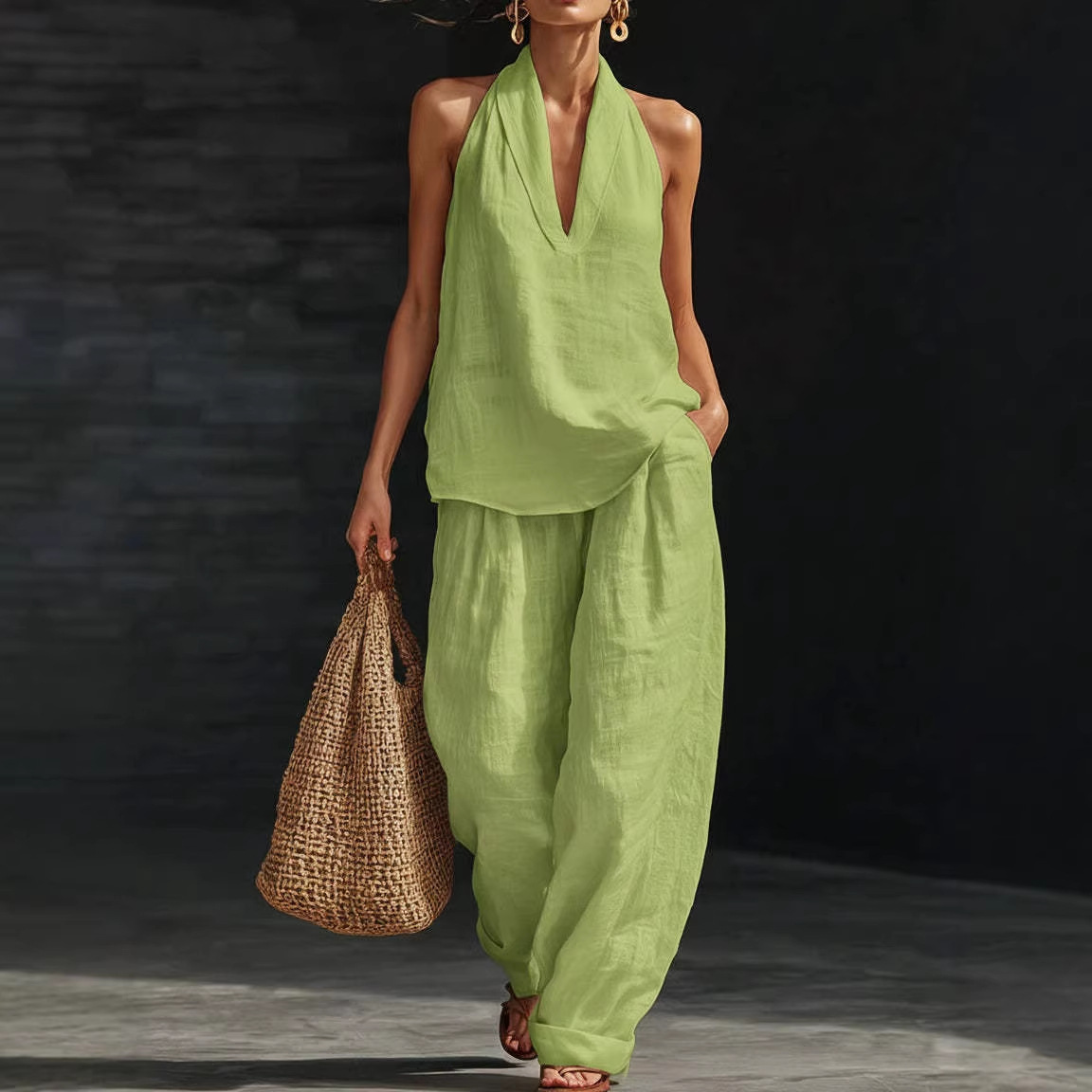 夏のレトロな綿麻セットアップ レディース エレガントなVネッ - Linen Pant Wide のレビューと価格