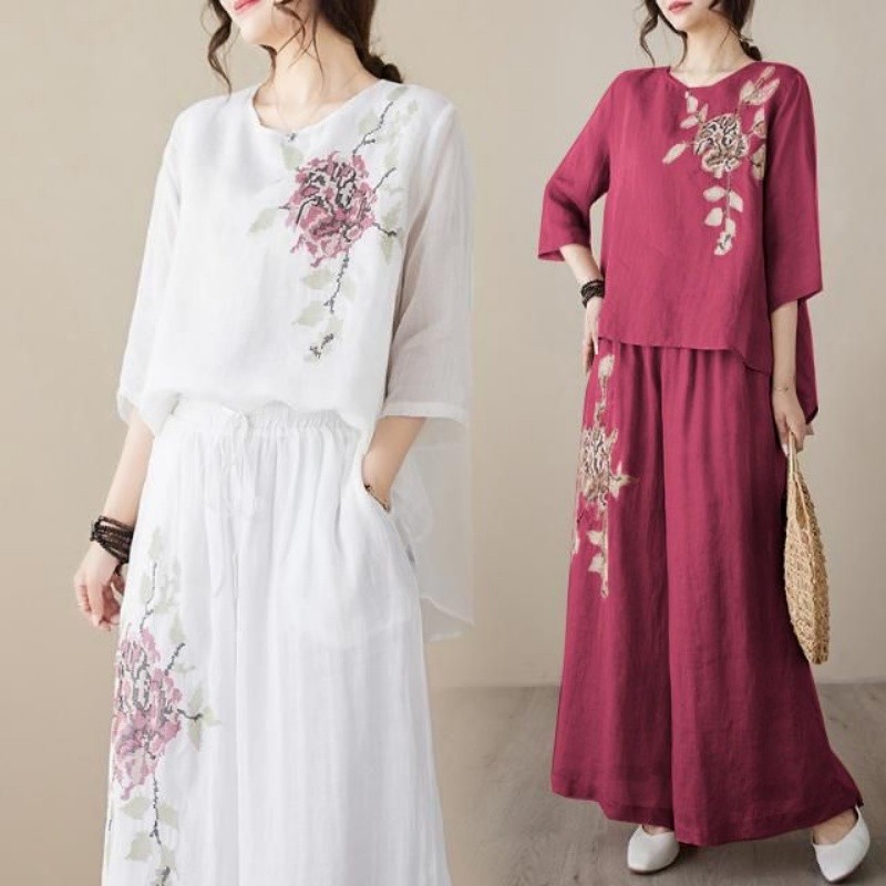 リネンコットンツーピースセット レディース 刺繍トップス ワ - Linen Pant Wide のレビューと価格