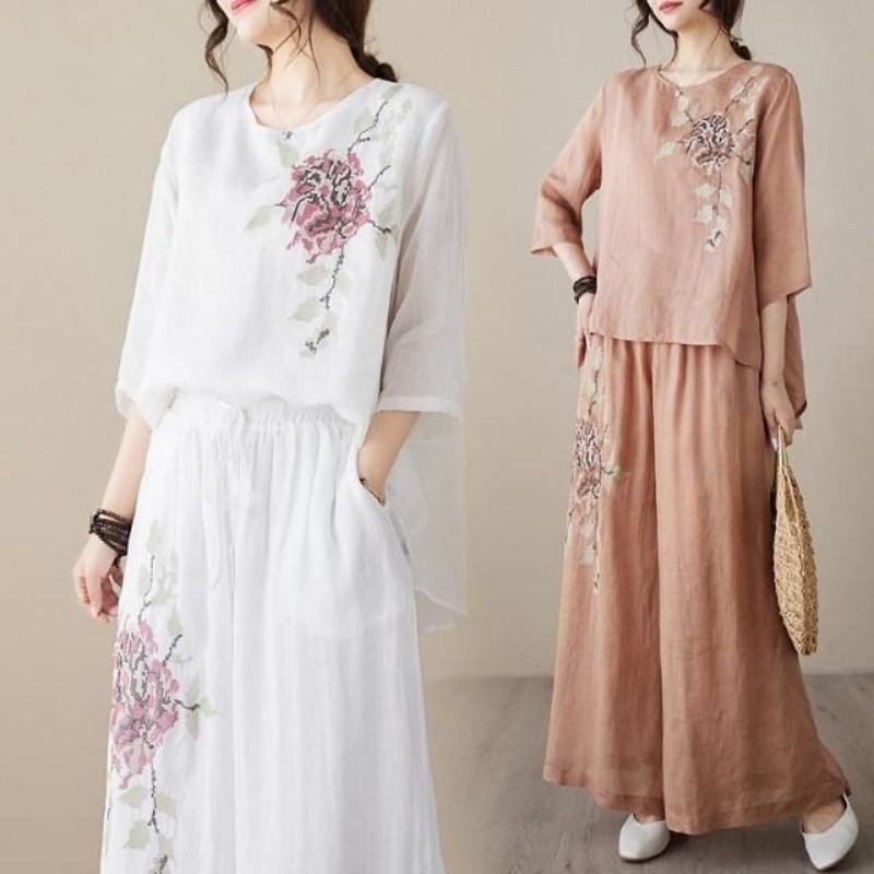 リネンコットンツーピースセット レディース 刺繍トップス ワ - Linen Pant Wide のレビューと価格