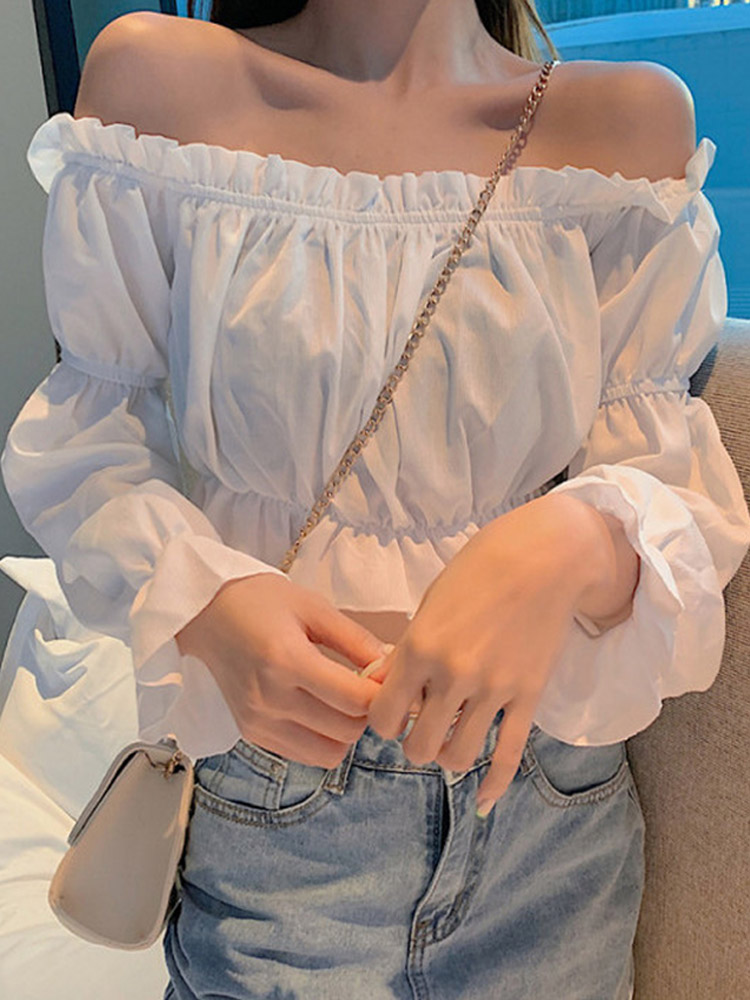 女性トップセクシーなブラウスオフショルダートップ長袖無地白シ - Crop Top Crochet のレビューと価格