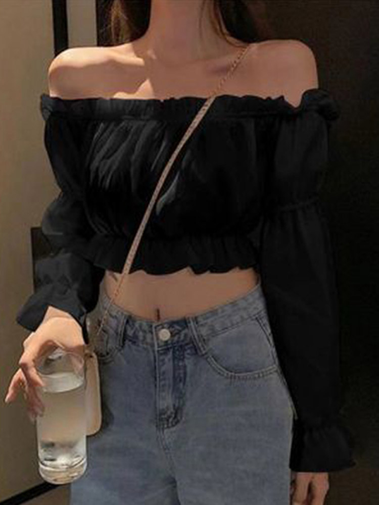 女性トップセクシーなブラウスオフショルダートップ長袖無地白シ - Crop Top Crochet のレビューと価格