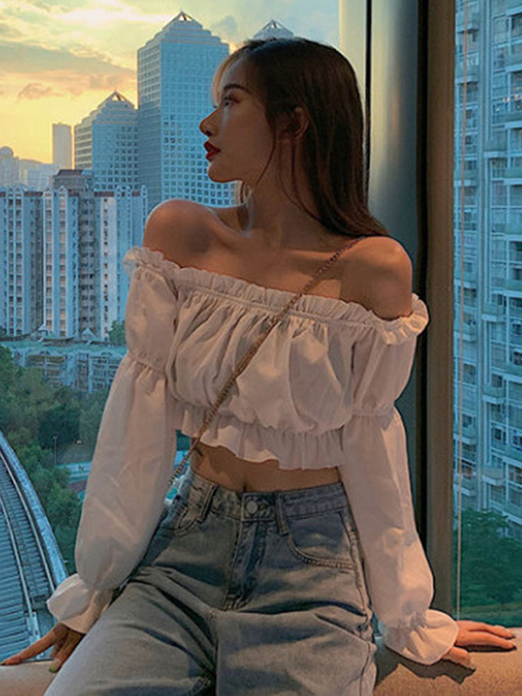 女性トップセクシーなブラウスオフショルダートップ長袖無地白シ - Crop Top Crochet のレビューと価格